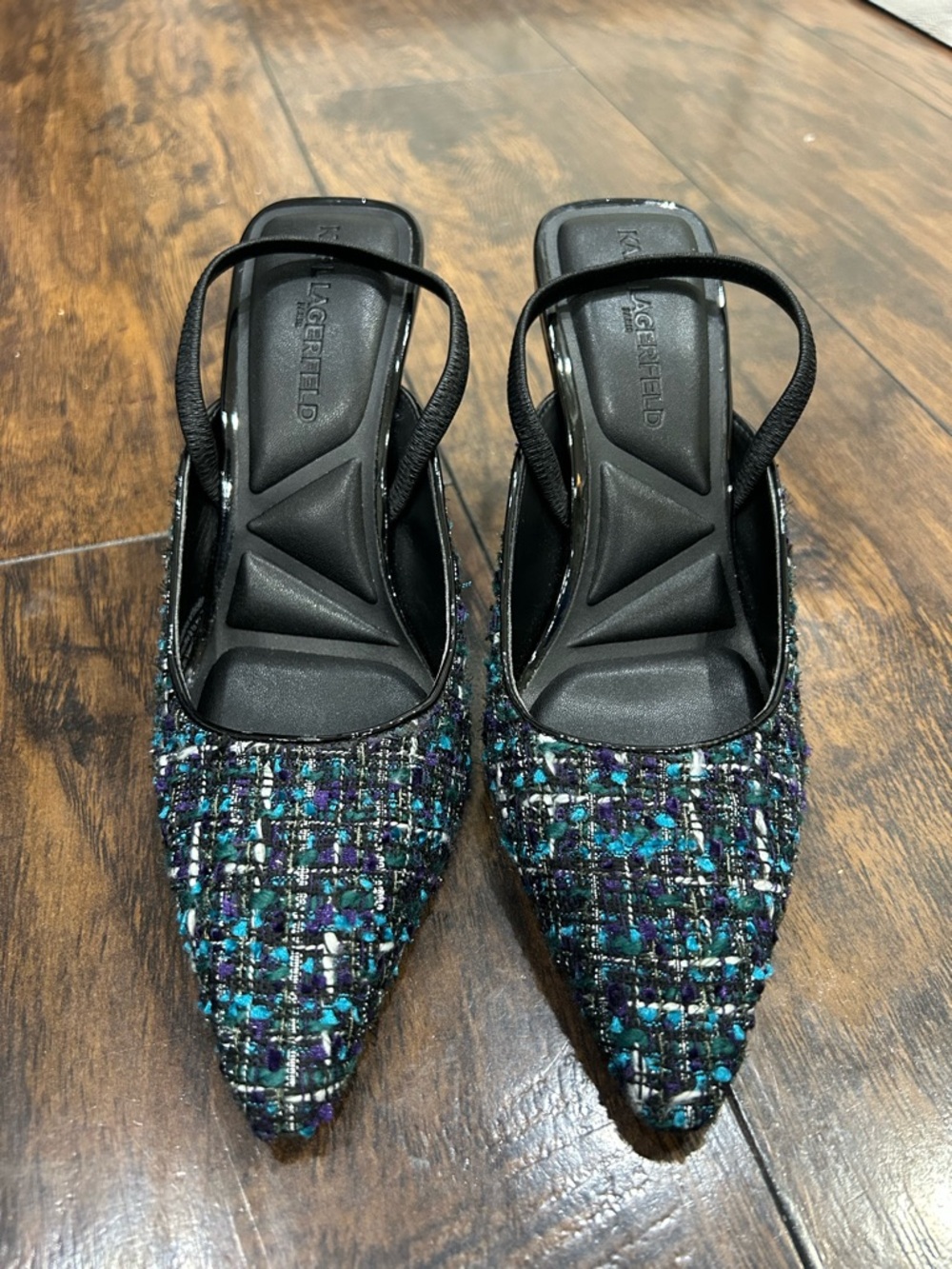 Karl Lagerfeld Black Tweed Pointed Slingback Heels with Teal & Blue Threads
